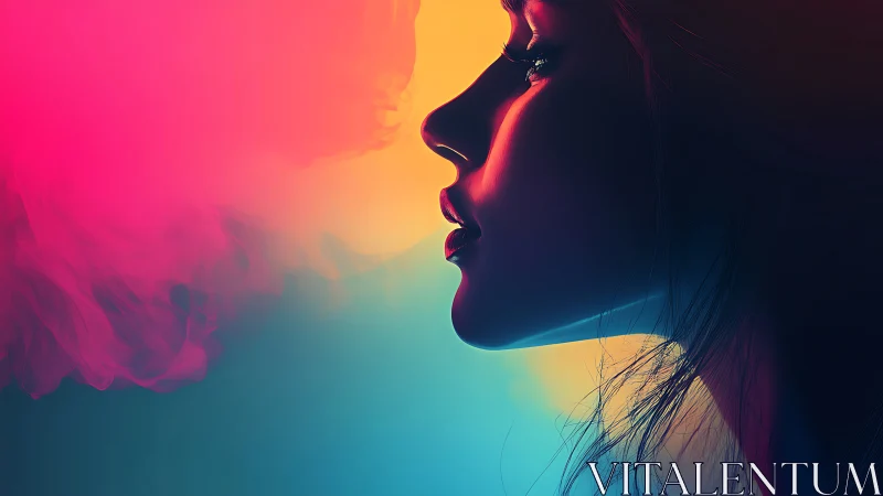 Woman’s side profile in vivid neon gradient light glow.