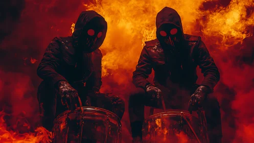 Hooded masked drummers positioned amid dense orange flames.