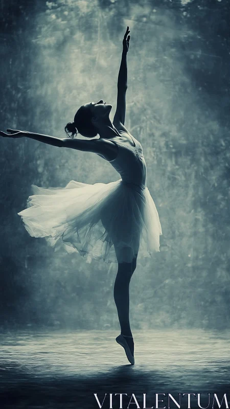 Graceful ballerina rises in ethereal, mistlit spotlight