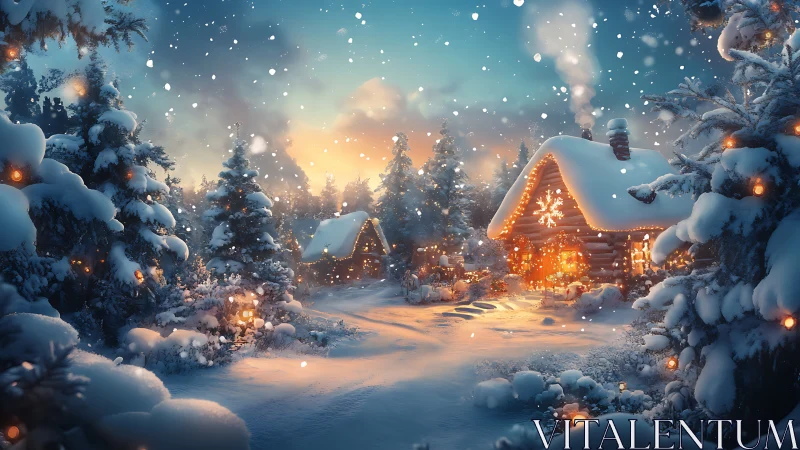 Snow-covered forest cabins with illuminated winter lighting.