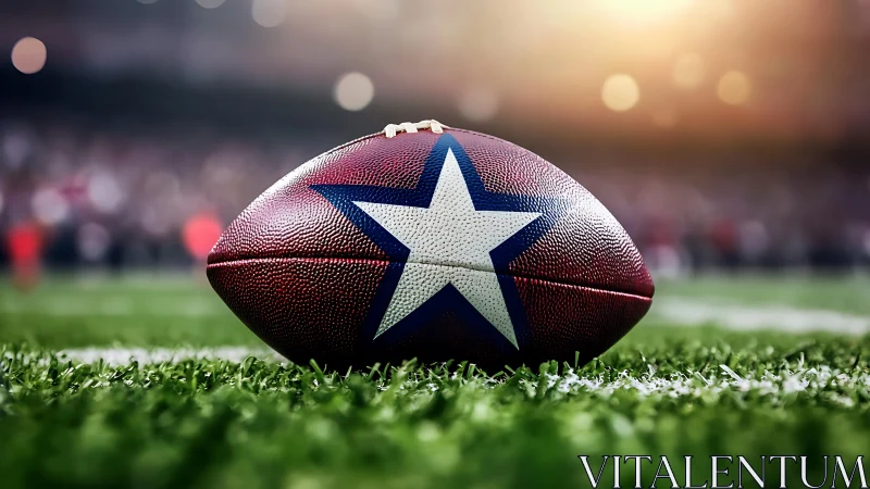 Star-emblazoned football rests on turf under stadium glow
