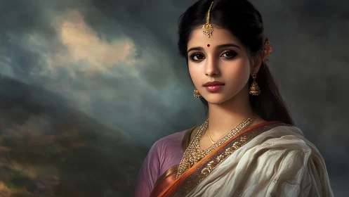Digital painting portrait of woman in silk saree and jewelry