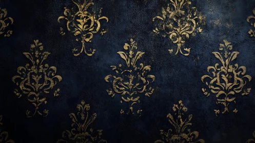 Ornate gold damask motifs on textured midnight blue wall