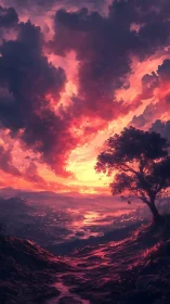 Skyfire river valley under a watching lone tree at dusk.