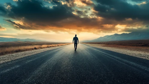 Solitary figure on vanishing-point highway at stormlit sunset.