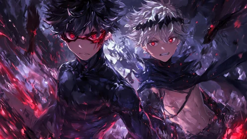 Intense red eyed anime duo in dark swirling energy field.