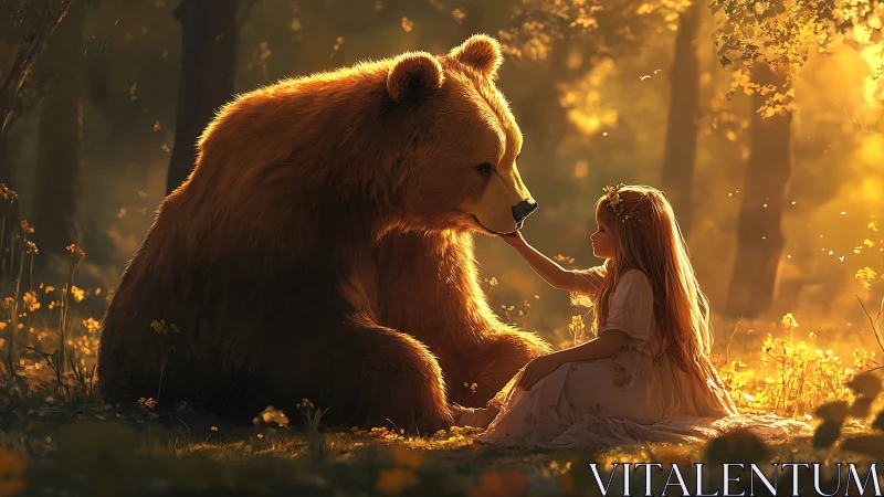 Gentle bear and young girl share a golden forest moment.