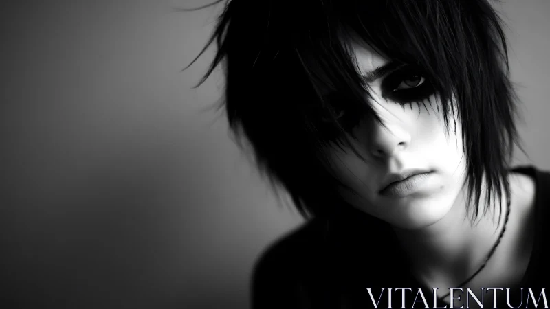 Monochrome emo portrait with heavy black eye makeup.