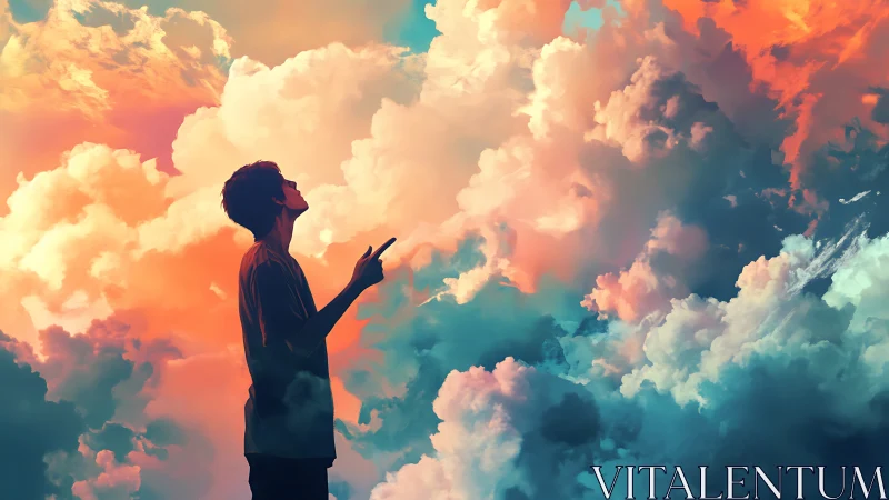 Silhouette figure contemplating vibrant volumetric sunset clouds