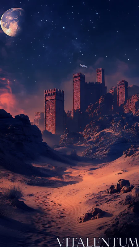 Lunar-lit desert fortress rendered with dramatic atmospheric depth