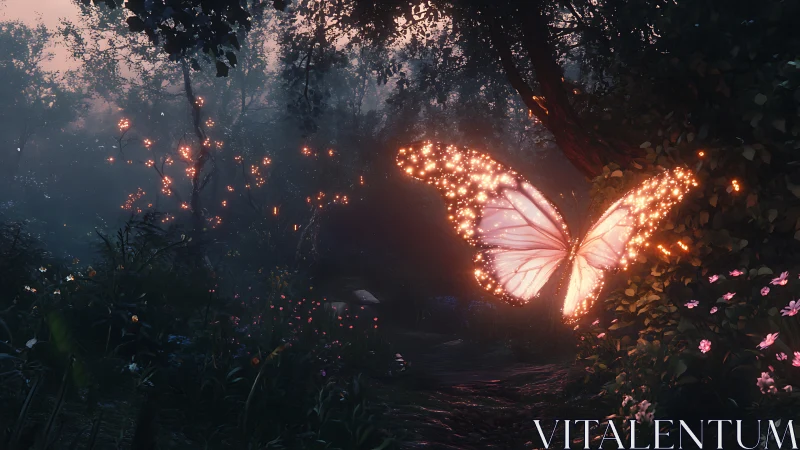 Luminous butterfly spirit ignites a twilight enchanted forest.