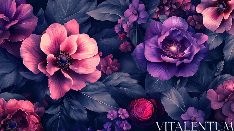 Digital Floral Composition with Pink and Purple Blooms