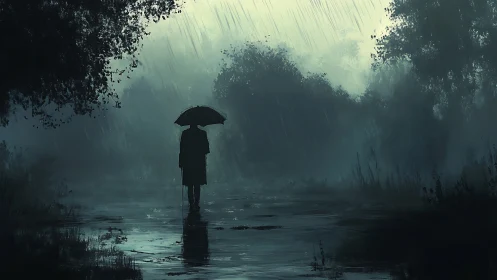 Solitary umbrella stitches silence into the rain-soaked dusk