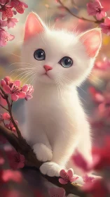 White Kitten Among Pink Cherry Blossoms Spring