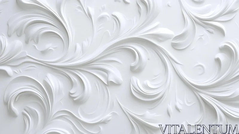 Elegant white ornamental relief wall with swirling floral patterns.