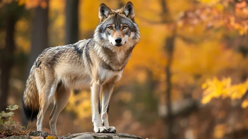 Grey wolf standing alert in warm autumn forest light.