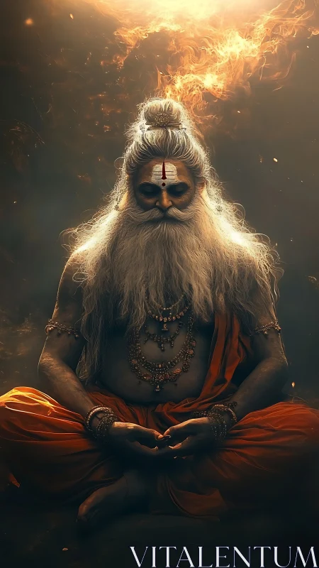 Digital painting of meditative sage in fiery aureole glow.
