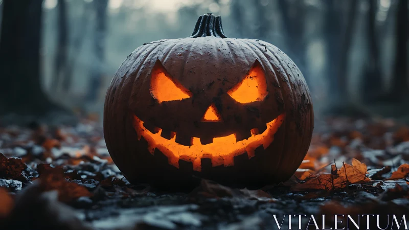 Grinning jack-o’-lantern glows eerily in a misty forest clearing