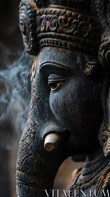 Smoky stone elephant deity in hush of devotional twilight.