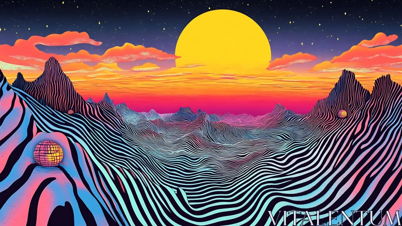 Striped stylized landscape depicts sun over undulating terrain