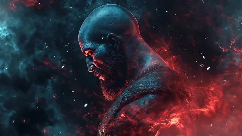 Warrior profile burns through swirling red and teal smoke