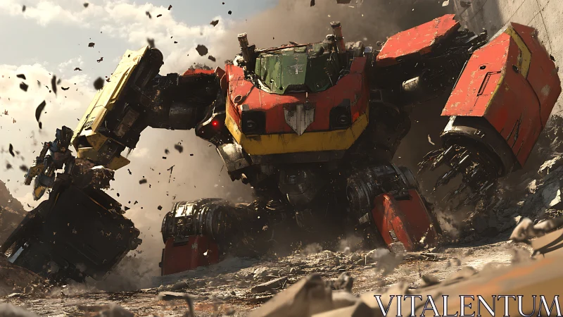 Colossal combat mech shatters concrete wall in dusty canyon.