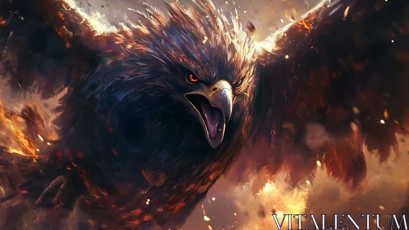 Fierce Eagle Soaring Through Flames in Dramatic Digital Art.