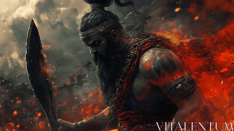 Warrior stands amid dense fire, smoke and overcast sky