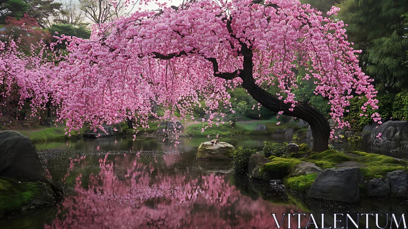 Graceful cherry tree leans over a calm reflective pond