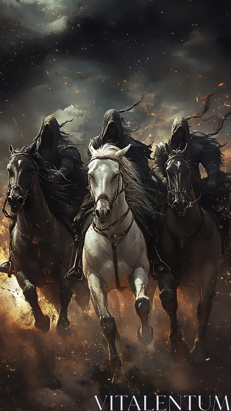 Hooded spectral riders charge through embers and storm clouds.