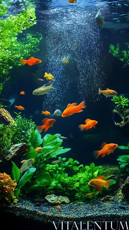 High-clarity freshwater aquarium with goldfish and aeration column