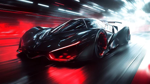 Futuristic black supercar in motion on illuminated roadway.