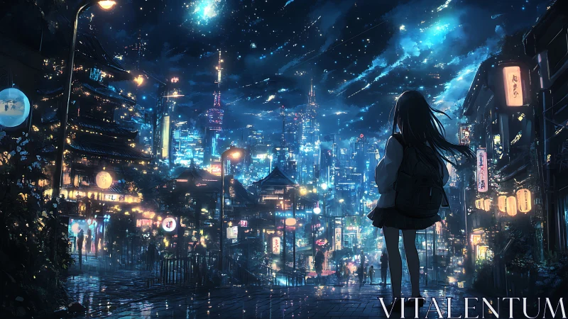 Neon city nightscape with lone schoolgirl silhouette.