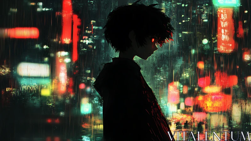 Neon-soaked city whispers while a lone shadow burns crimson