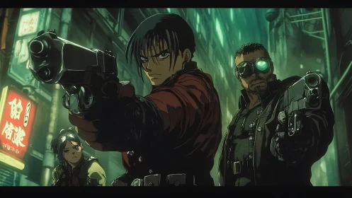 Three armed figures stand in a rain-lit urban alleyway