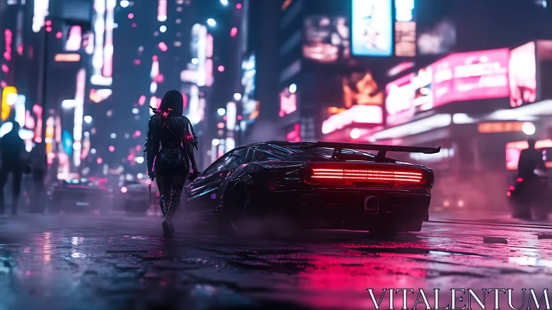Neon drenched street stalks a lone cyberpunk driver at dusk