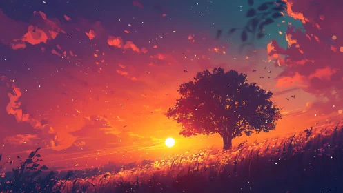 Solitary tree silhouettes against radiant digital sunset sky