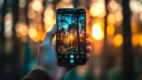 Phone screen quietly cages a blazing forest sunset dream