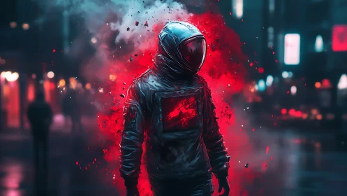 Astronaut engulfed in crimson nebula within neon city haze.