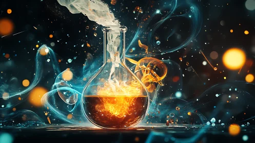 Glowing chemical flask with swirling fire and smoke.