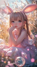 Anime portrait of bunny-eared girl in luminous meadow light.