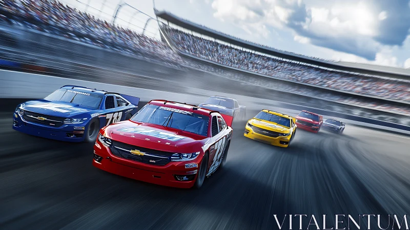 Stock cars advance through a banked oval track in formation