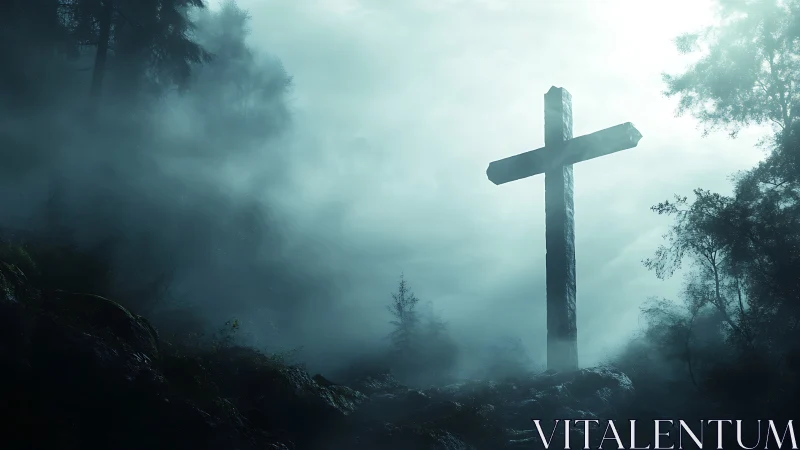 Weathered wooden cross rises from misty forest hillside