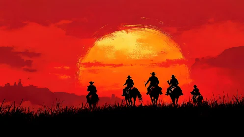 Silhouetted riders on horseback cross grassland at sunset