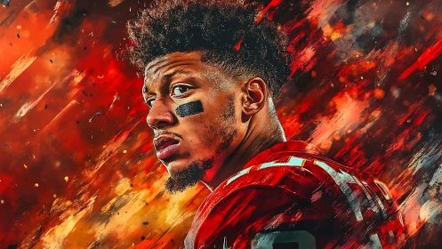 Dynamic gridiron portrait amid explosive red brushwork.