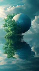 Spherical moonlet quietly moors itself to a drifting tree isle