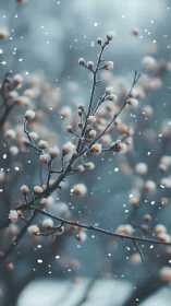 Snow covered seed pods on slender winter branches outdoors.