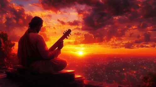 Sunset musician resting in glowing cityside serenity.