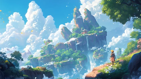 Hero surveys floating mountain temples amid radiant cloudscape