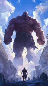 Colossal street showdown beneath a blazing blue sky.